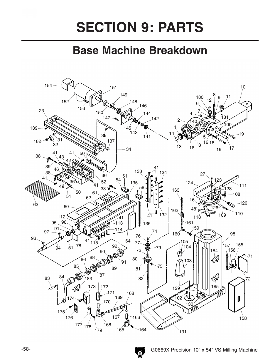 Base machine breakdown | Grizzly VS MILLING MACHINE G0669X User Manual | Page 60 / 76