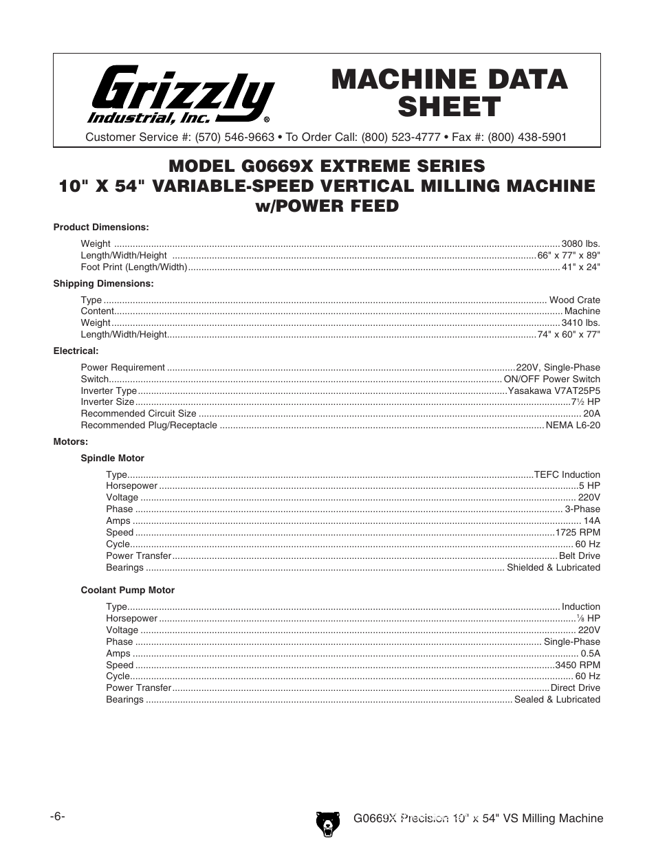 Machine data sheet | Grizzly VS MILLING MACHINE G0669X User Manual | Page 8 / 76