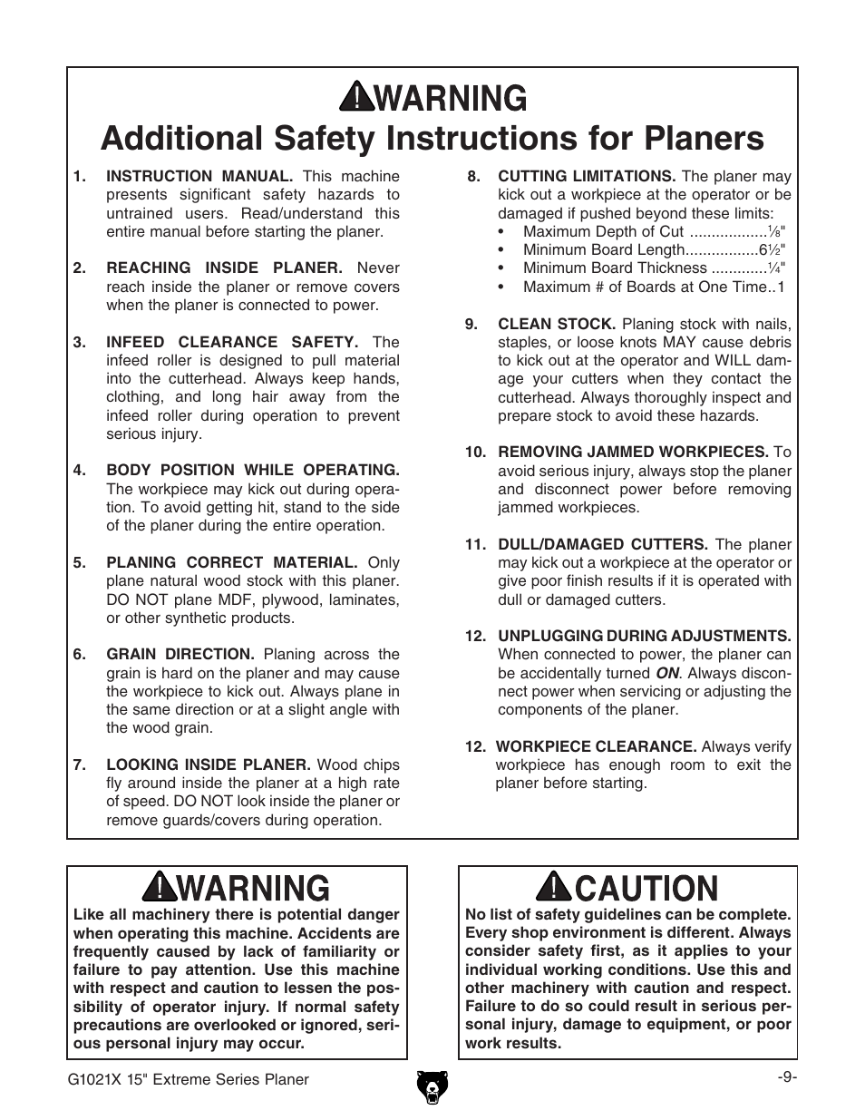 Additional safety instructions for planers | Grizzly G1021x User Manual | Page 11 / 52