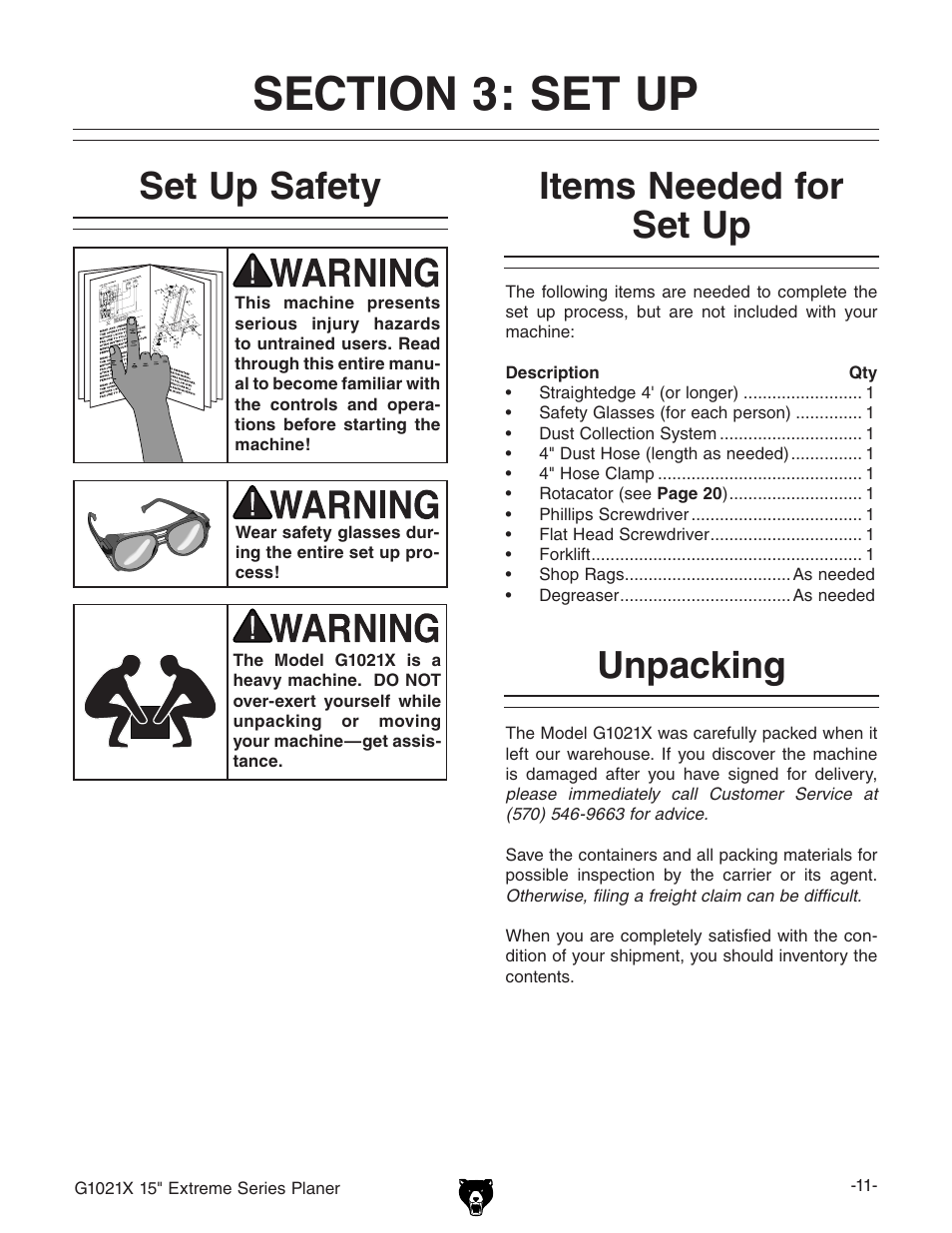 Set up safety, Items needed for set up, Unpacking | Grizzly G1021x User Manual | Page 13 / 52