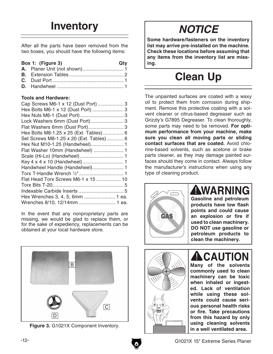 Inventory, Notice, Clean up | Grizzly G1021x User Manual | Page 14 / 52