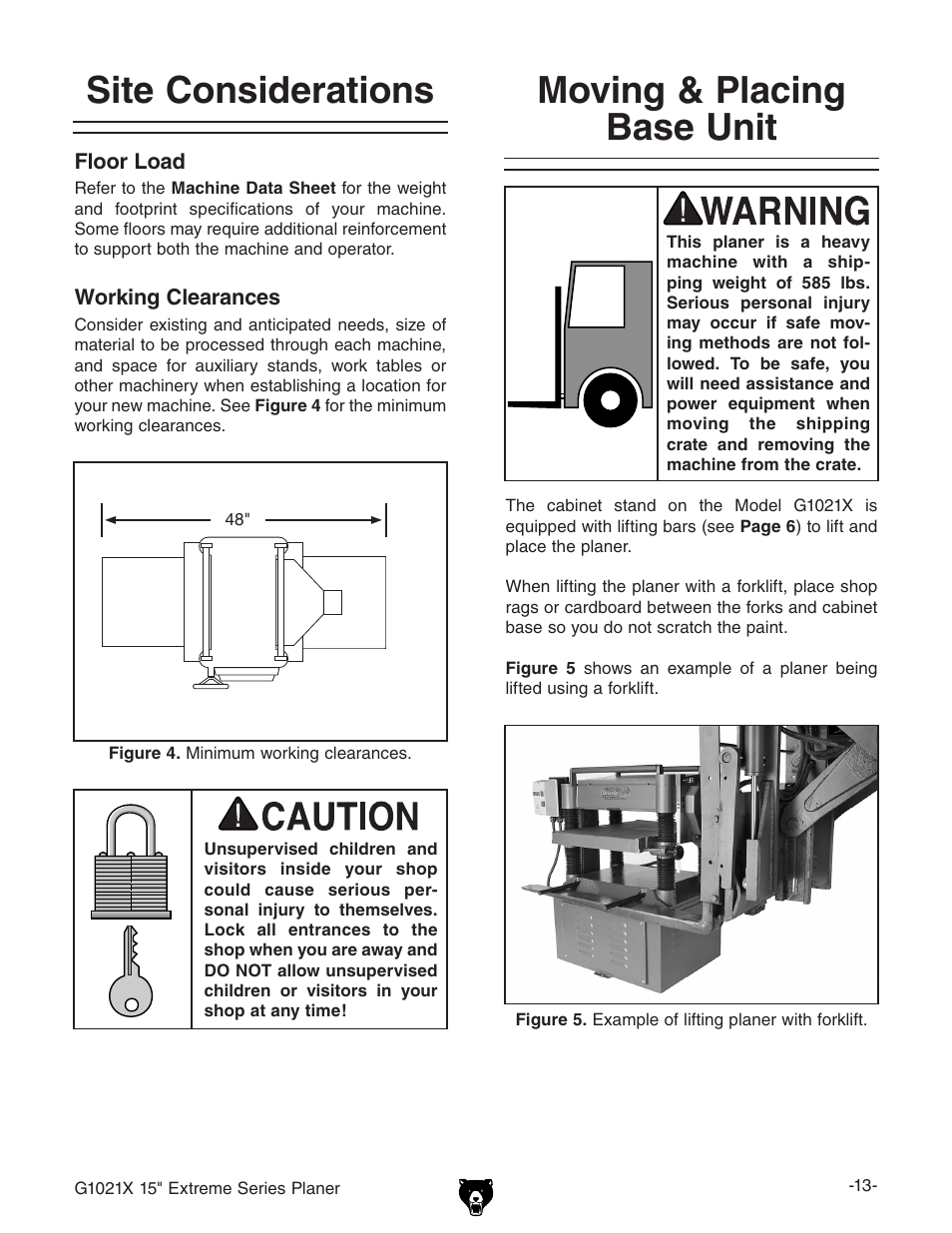 Site considerations moving & placing base unit | Grizzly G1021x User Manual | Page 15 / 52