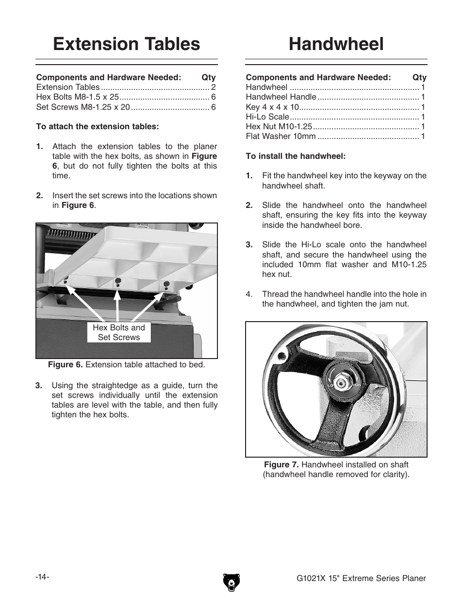 Handwheel, Extension tables | Grizzly G1021x User Manual | Page 16 / 52