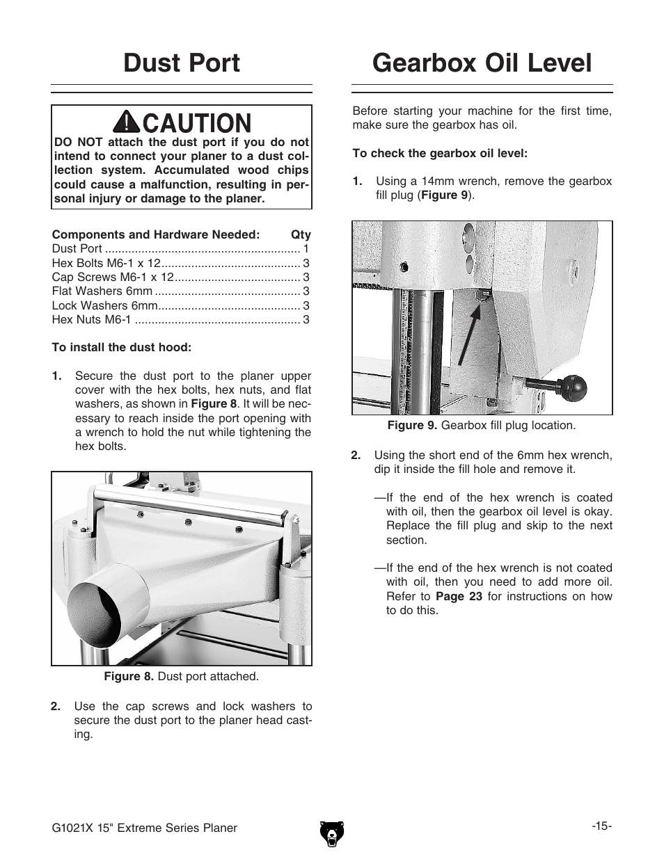 Dust port, Gearbox oil level | Grizzly G1021x User Manual | Page 17 / 52