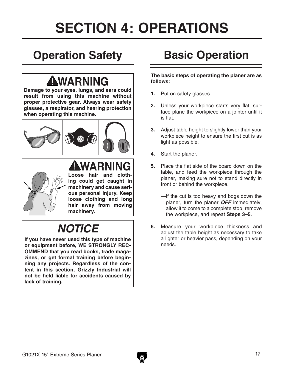 Operation safety, Notice, Basic operation | Grizzly G1021x User Manual | Page 19 / 52