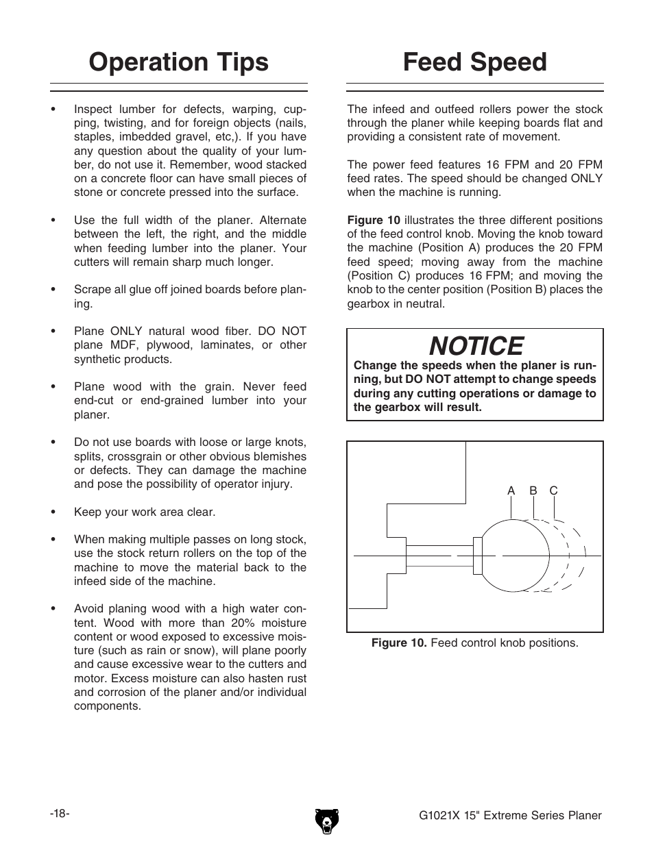 Operation tips, Feed speed, Notice | Grizzly G1021x User Manual | Page 20 / 52