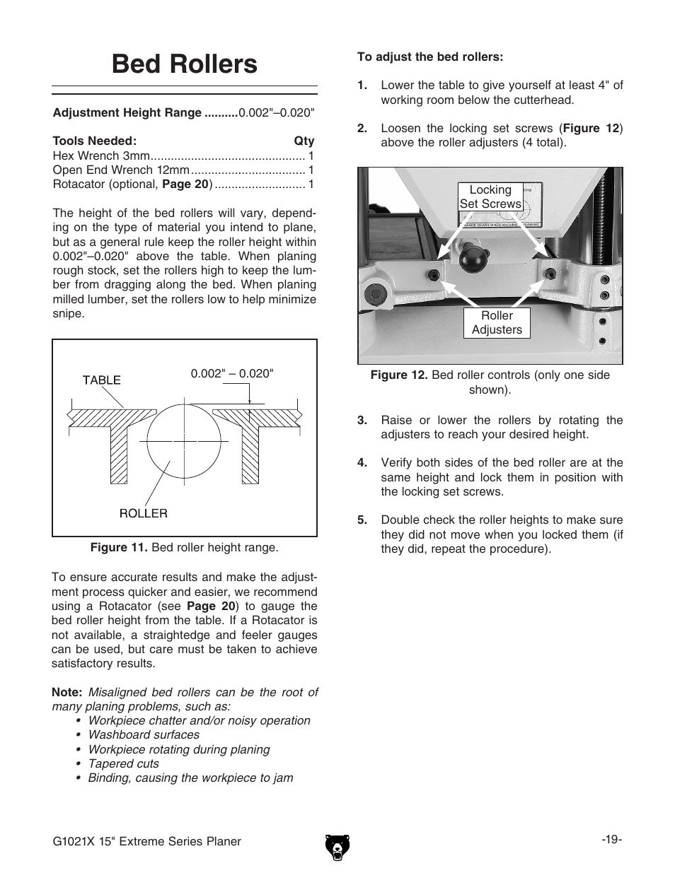 Bed rollers | Grizzly G1021x User Manual | Page 21 / 52