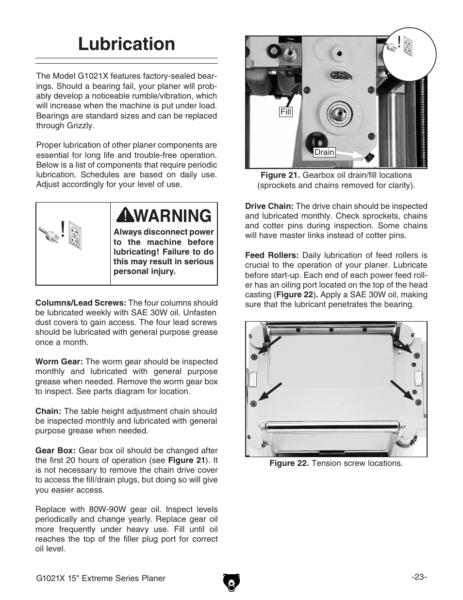 Lubrication | Grizzly G1021x User Manual | Page 25 / 52