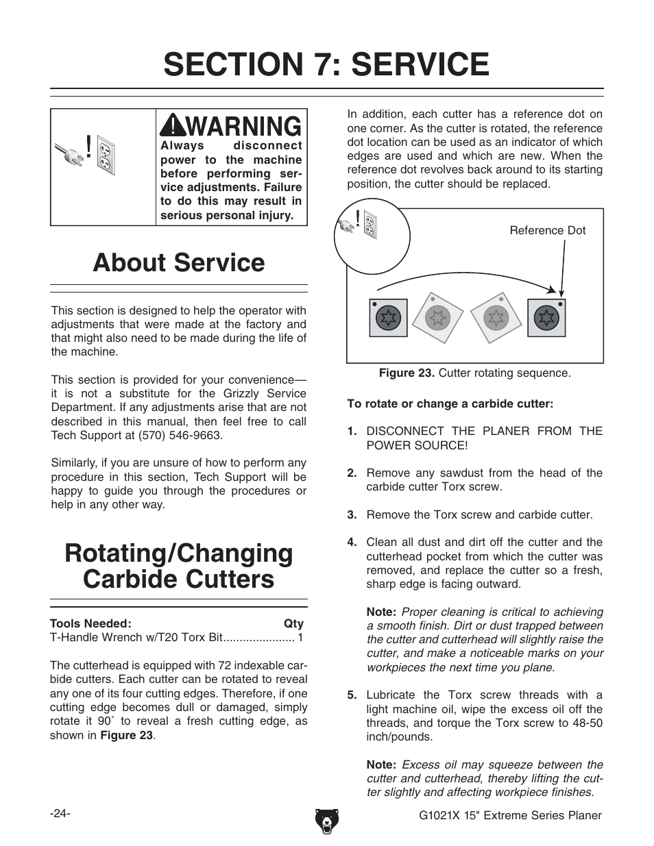 About service, Rotating/changing carbide cutters | Grizzly G1021x User Manual | Page 26 / 52