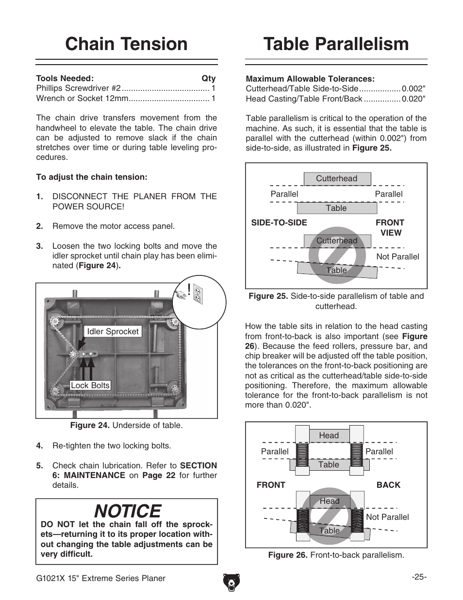 Chain tension, Notice, Table parallelism | Grizzly G1021x User Manual | Page 27 / 52