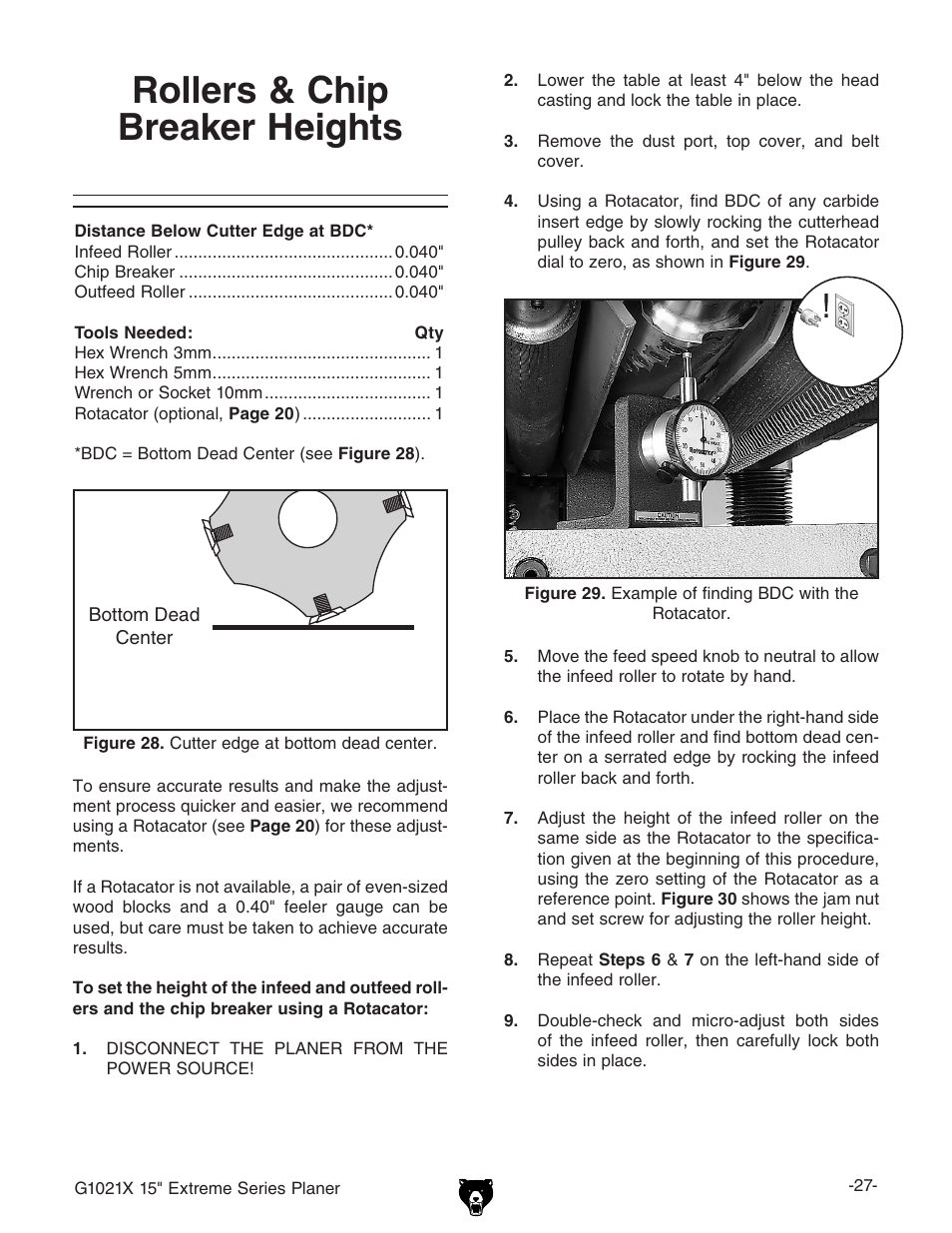 Rollers & chip breaker heights | Grizzly G1021x User Manual | Page 29 / 52
