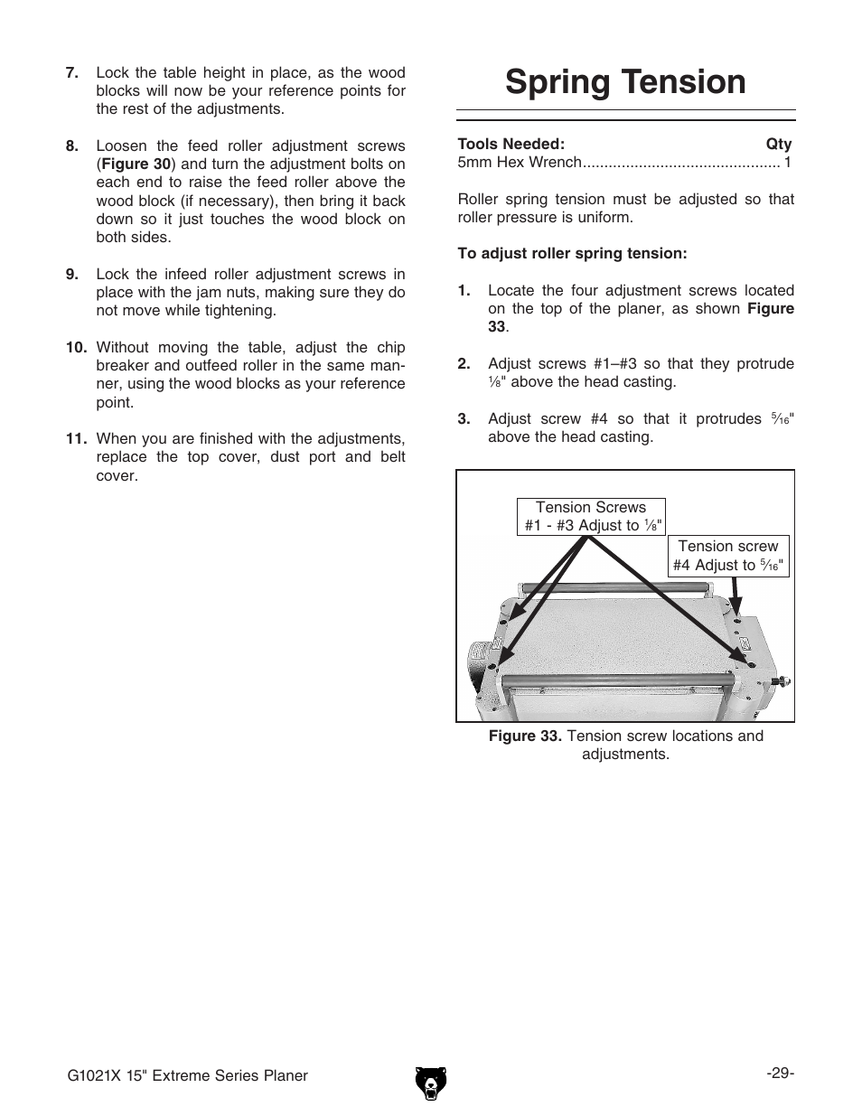 Spring tension | Grizzly G1021x User Manual | Page 31 / 52