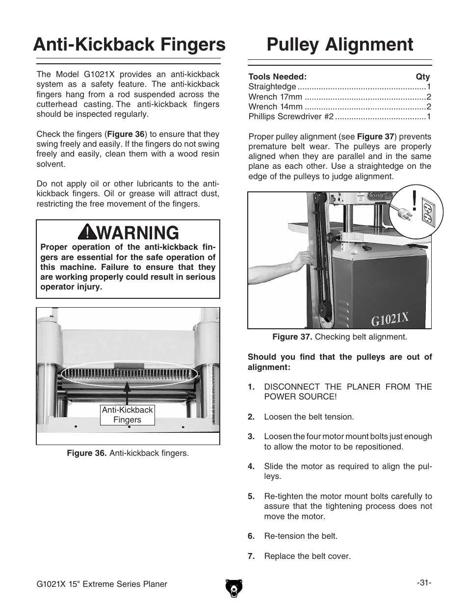 Anti-kickback fingers, Pulley alignment | Grizzly G1021x User Manual | Page 33 / 52