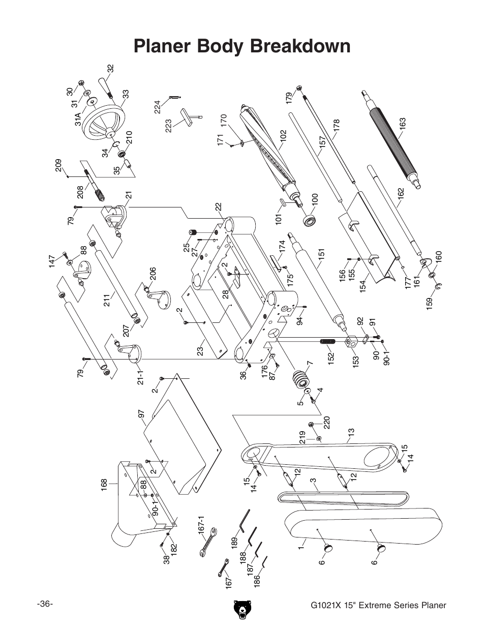 Planer body breakdown | Grizzly G1021x User Manual | Page 38 / 52