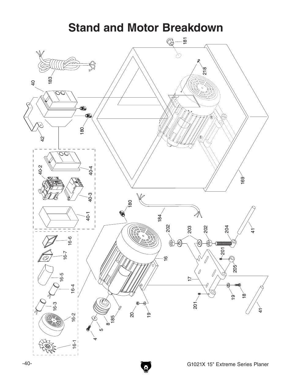 Stand and motor breakdown | Grizzly G1021x User Manual | Page 42 / 52