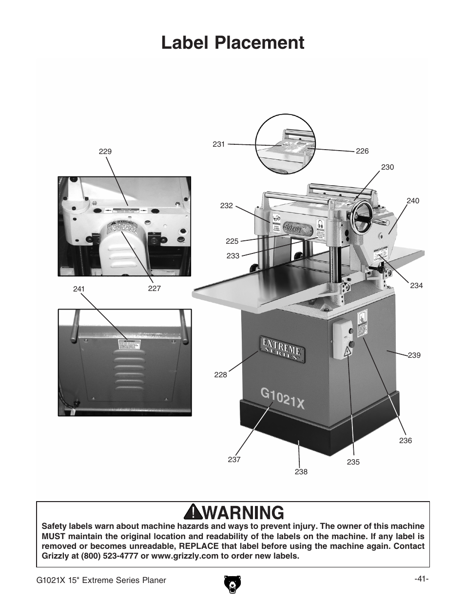 Label placement | Grizzly G1021x User Manual | Page 43 / 52