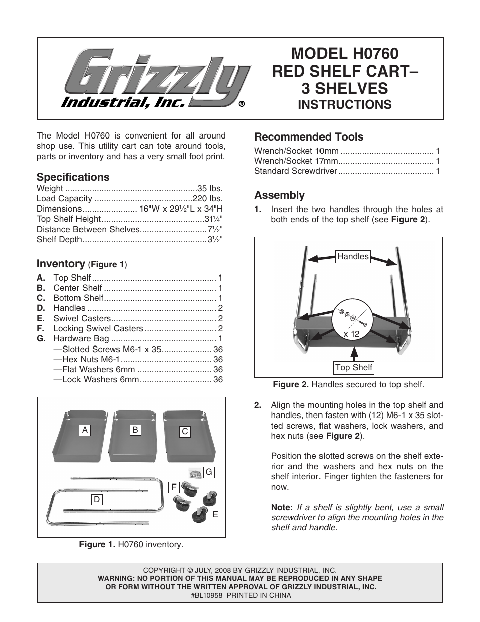 Grizzly H0760 User Manual | 2 pages