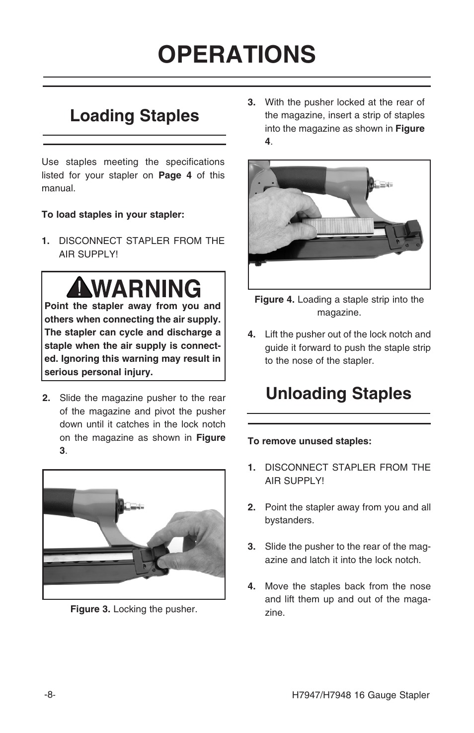 Operations, Loading staples, Unloading staples | Grizzly H7947/H7948 User Manual | Page 10 / 24