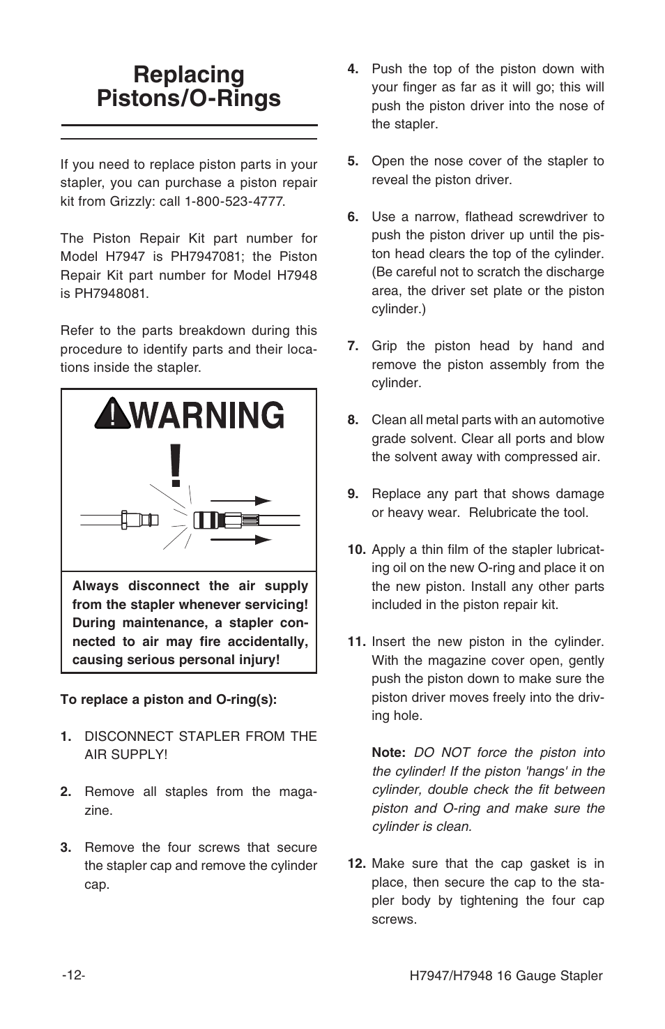 Replacing pistons/o-rings | Grizzly H7947/H7948 User Manual | Page 14 / 24