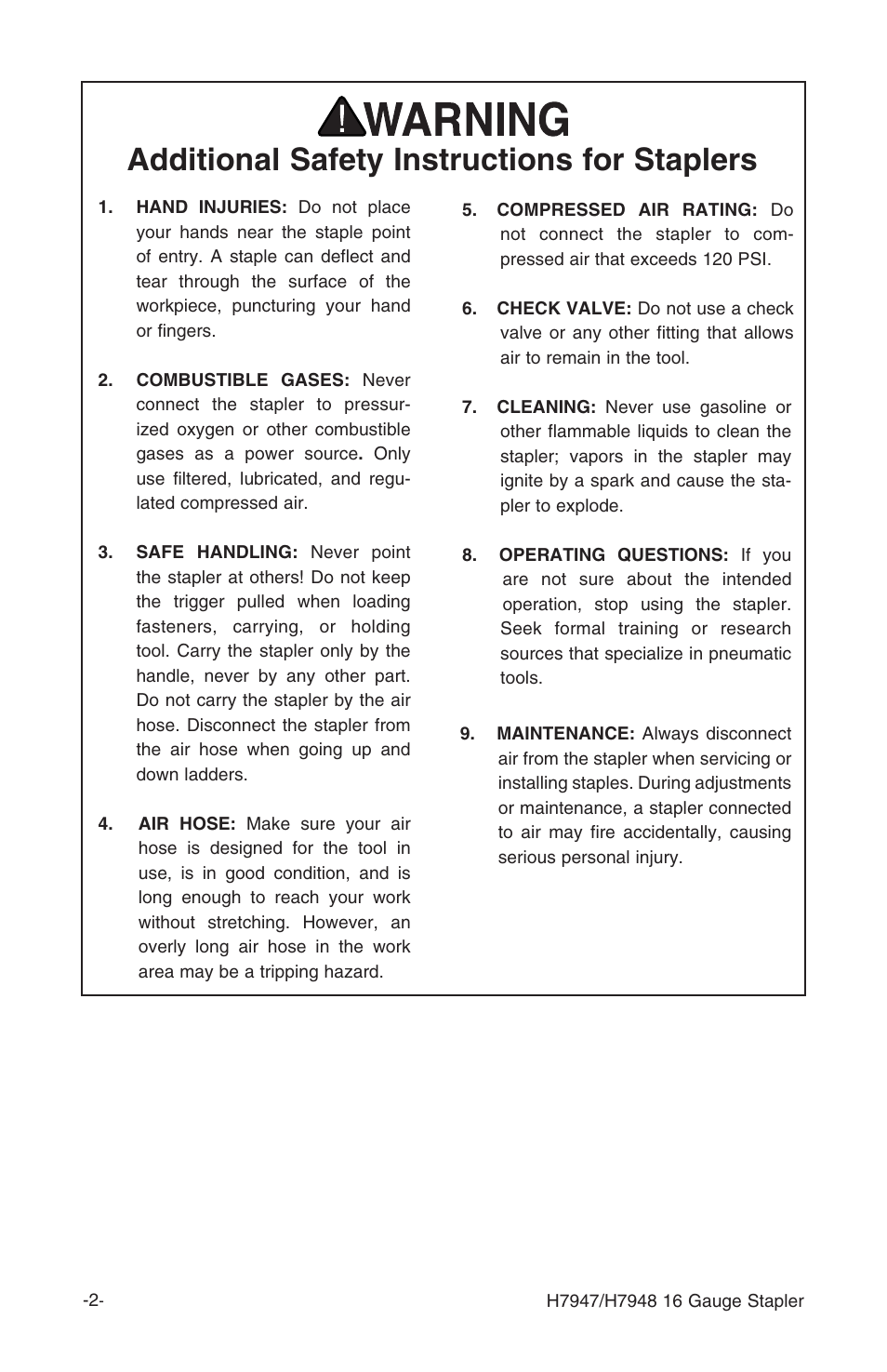 Additional safety instructions for staplers | Grizzly H7947/H7948 User Manual | Page 4 / 24