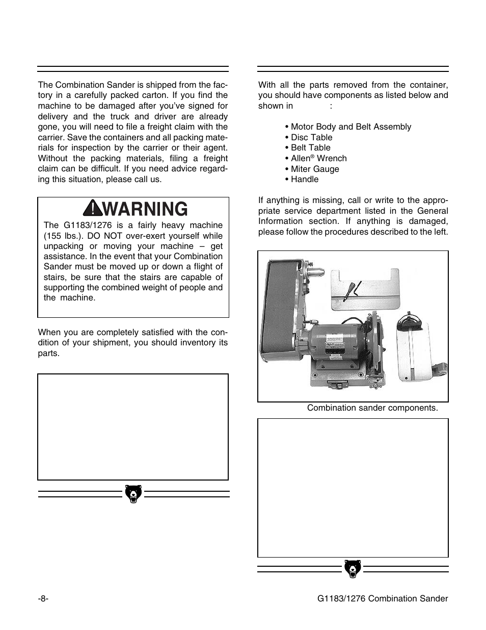 Unpacking, Piece inventory, Notice | Grizzly G1183/G1276 User Manual | Page 10 / 34
