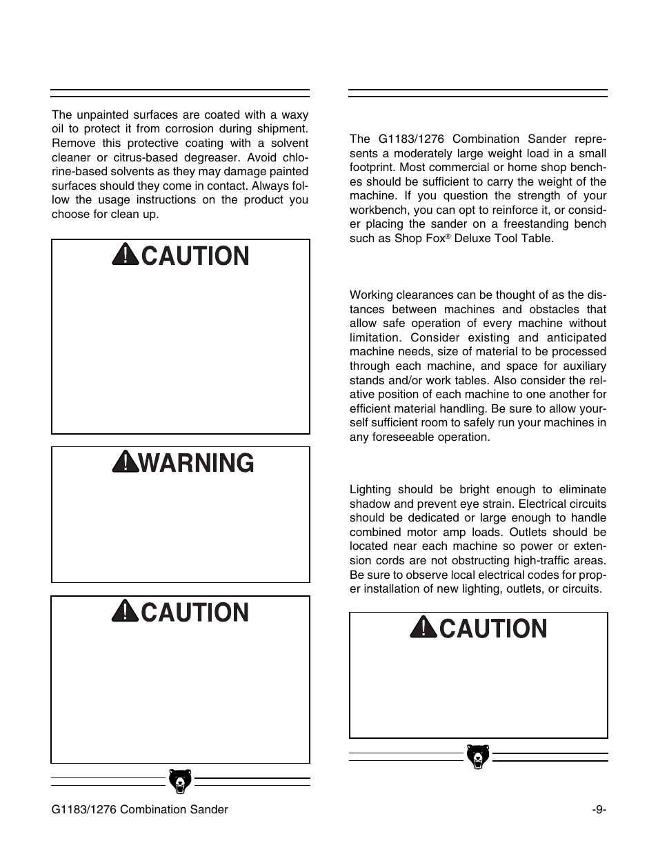 Clean up, Site considerations | Grizzly G1183/G1276 User Manual | Page 11 / 34