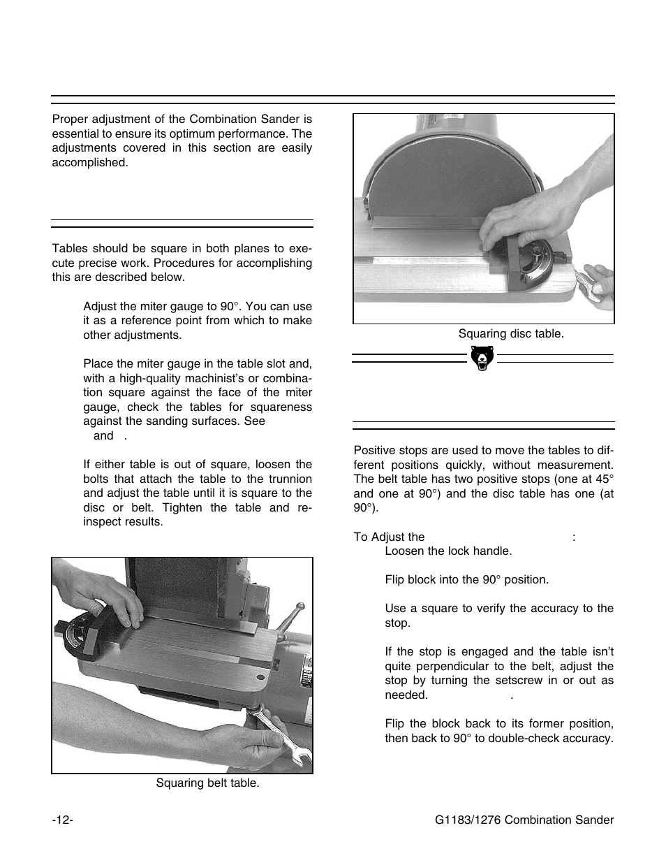 Tables, Positive stops | Grizzly G1183/G1276 User Manual | Page 14 / 34