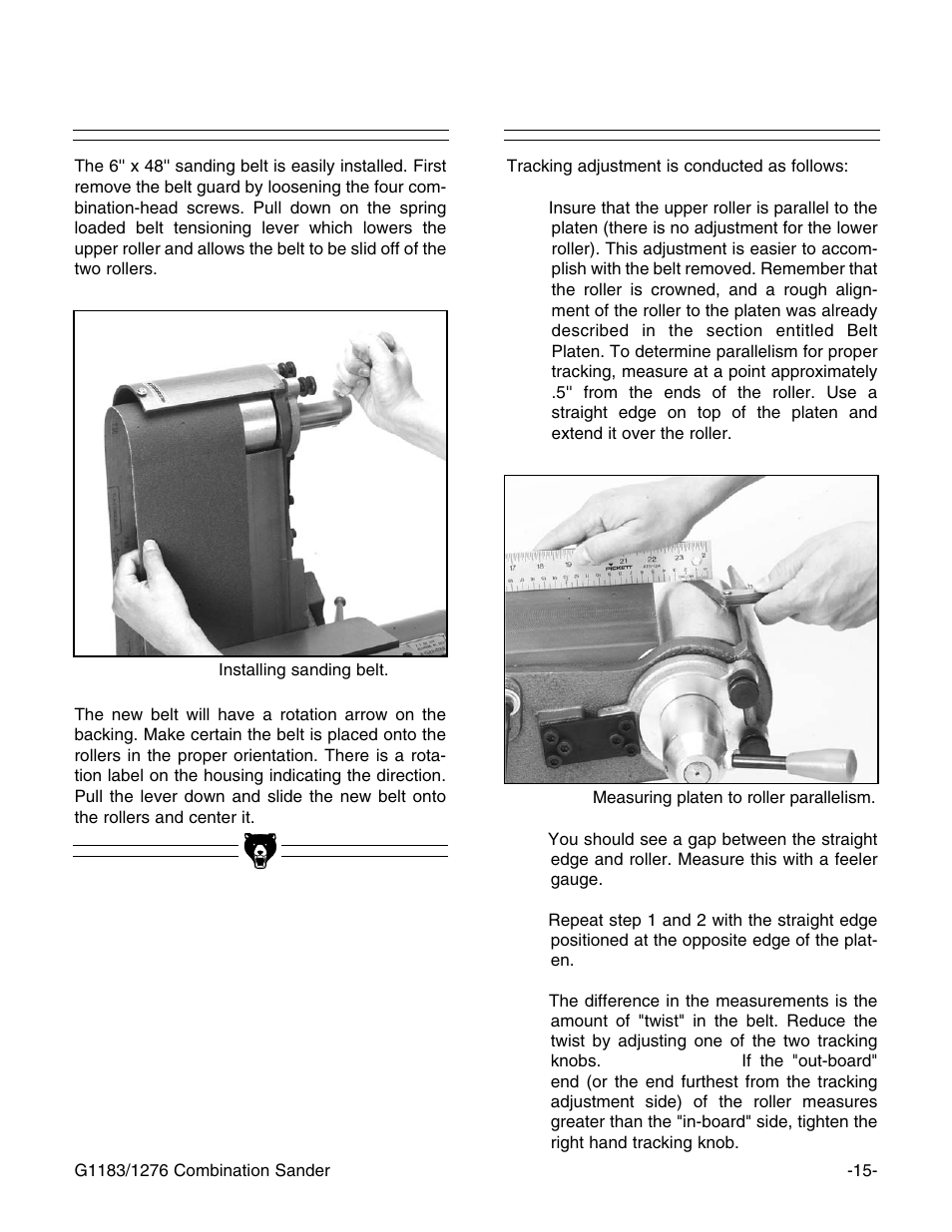 Belt installation belt tracking | Grizzly G1183/G1276 User Manual | Page 17 / 34