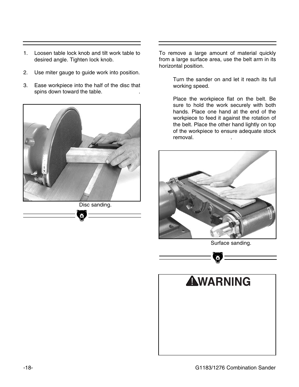 Surface sanding, Disc sanding | Grizzly G1183/G1276 User Manual | Page 20 / 34
