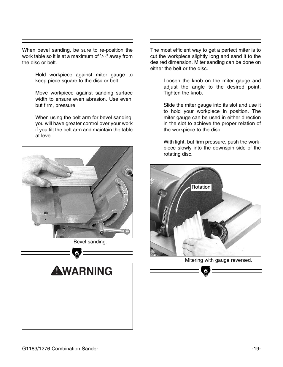 Bevel sanding, Miter sanding | Grizzly G1183/G1276 User Manual | Page 21 / 34