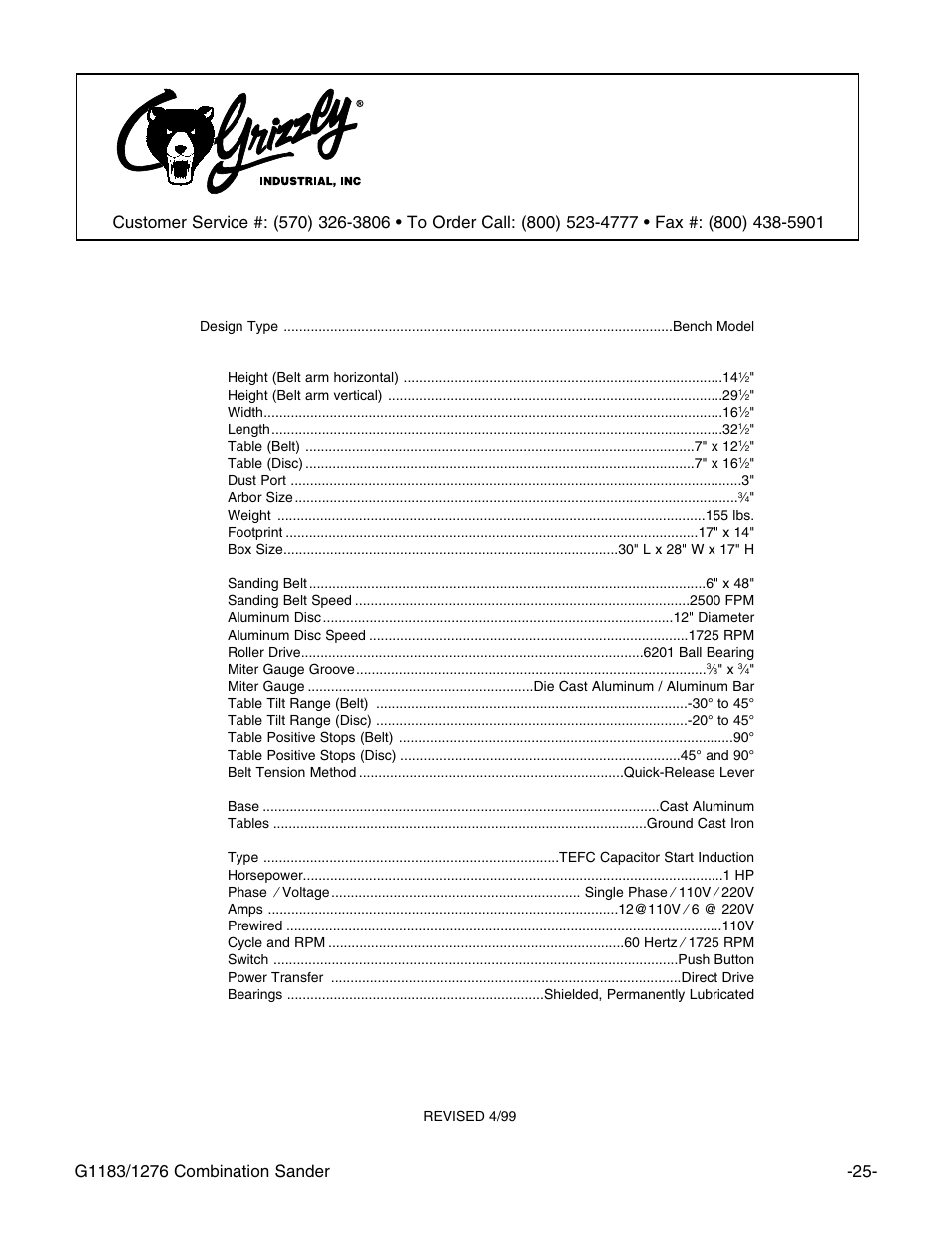 Machine data sheet, Grizzly model g1276 combination sander | Grizzly G1183/G1276 User Manual | Page 27 / 34