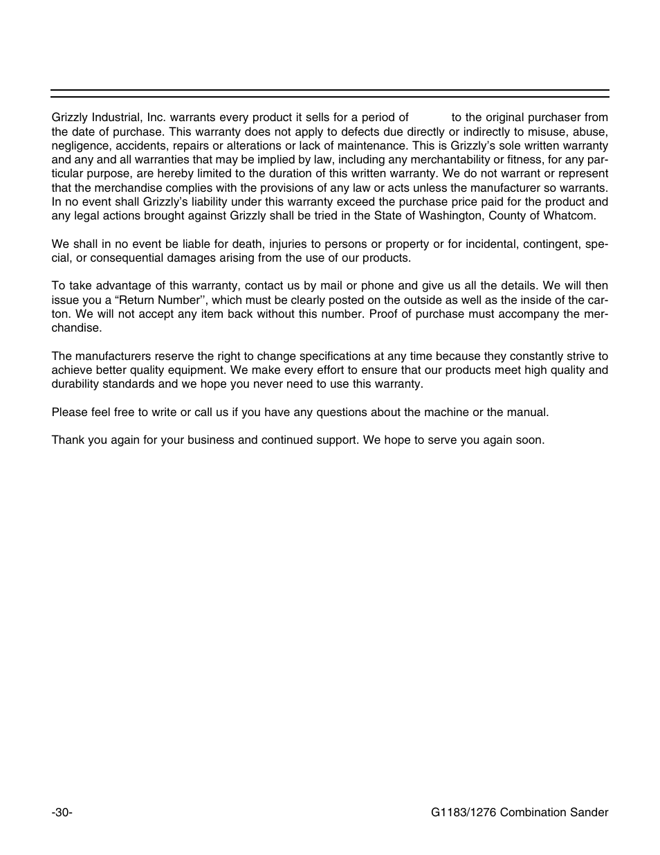 Warranty and returns | Grizzly G1183/G1276 User Manual | Page 32 / 34
