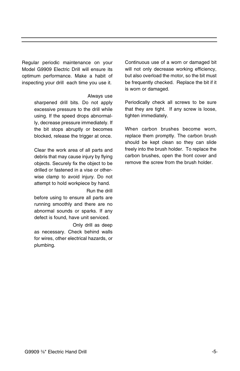 Maintnenace, Guidelines and tips maintenance | Grizzly G9909 User Manual | Page 7 / 10