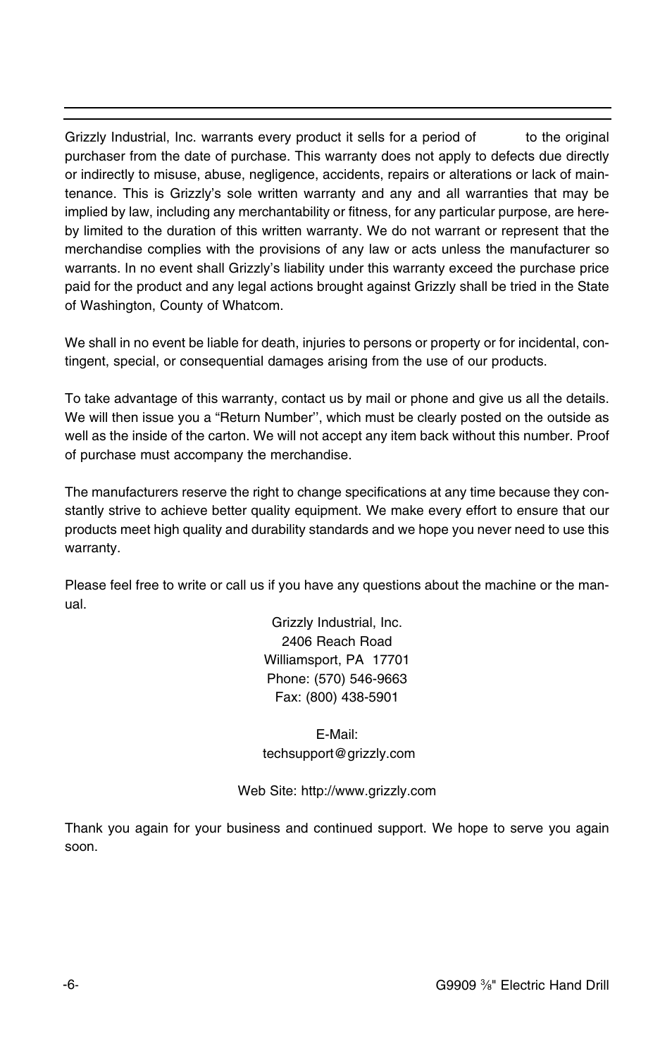 Warranty and returns | Grizzly G9909 User Manual | Page 8 / 10