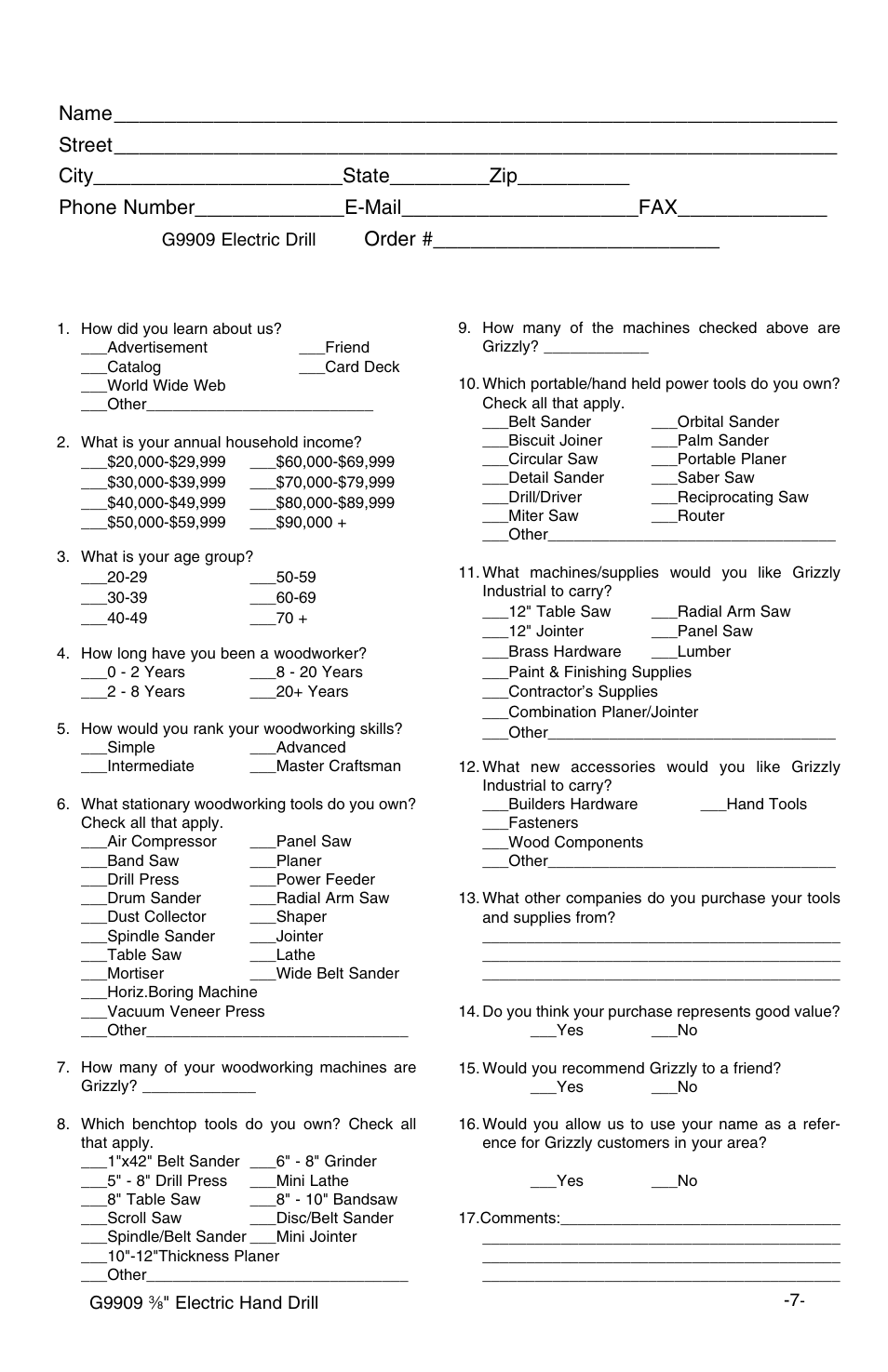 Warranty card, Name, Street | City, State, Phone number, E-mail, Model, Order | Grizzly G9909 User Manual | Page 9 / 10