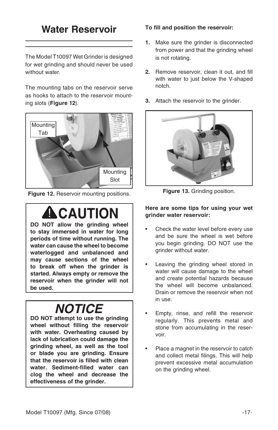 Notice, Water reservoir | Grizzly T10097 User Manual | Page 17 / 30