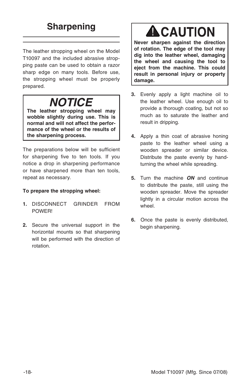 Notice, Sharpening | Grizzly T10097 User Manual | Page 18 / 30
