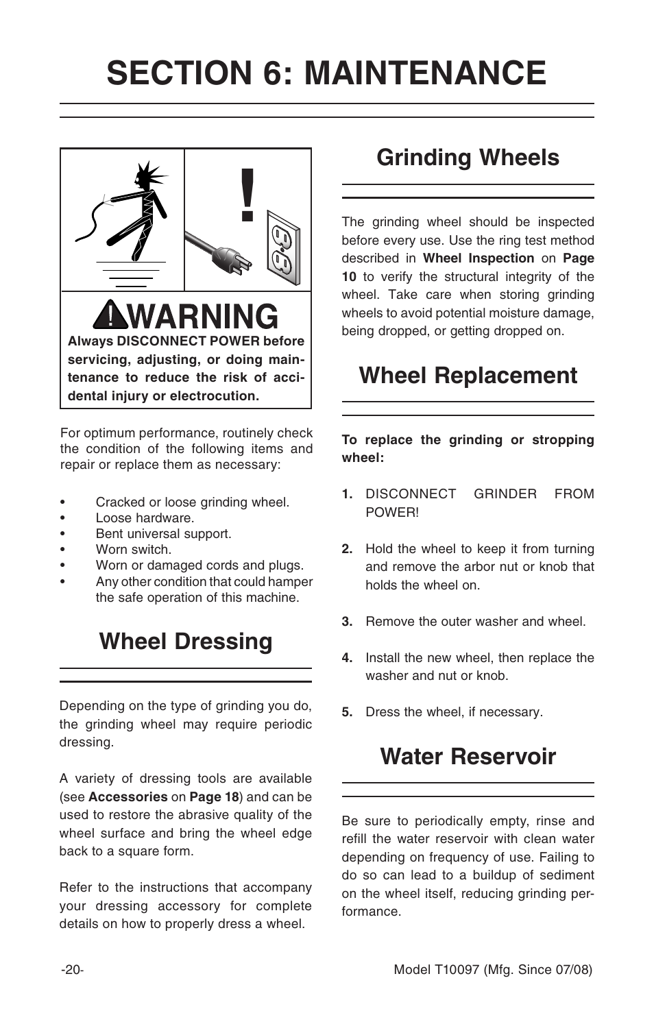 Grinding wheels, Water reservoir, Wheel replacement wheel dressing | Grizzly T10097 User Manual | Page 20 / 30