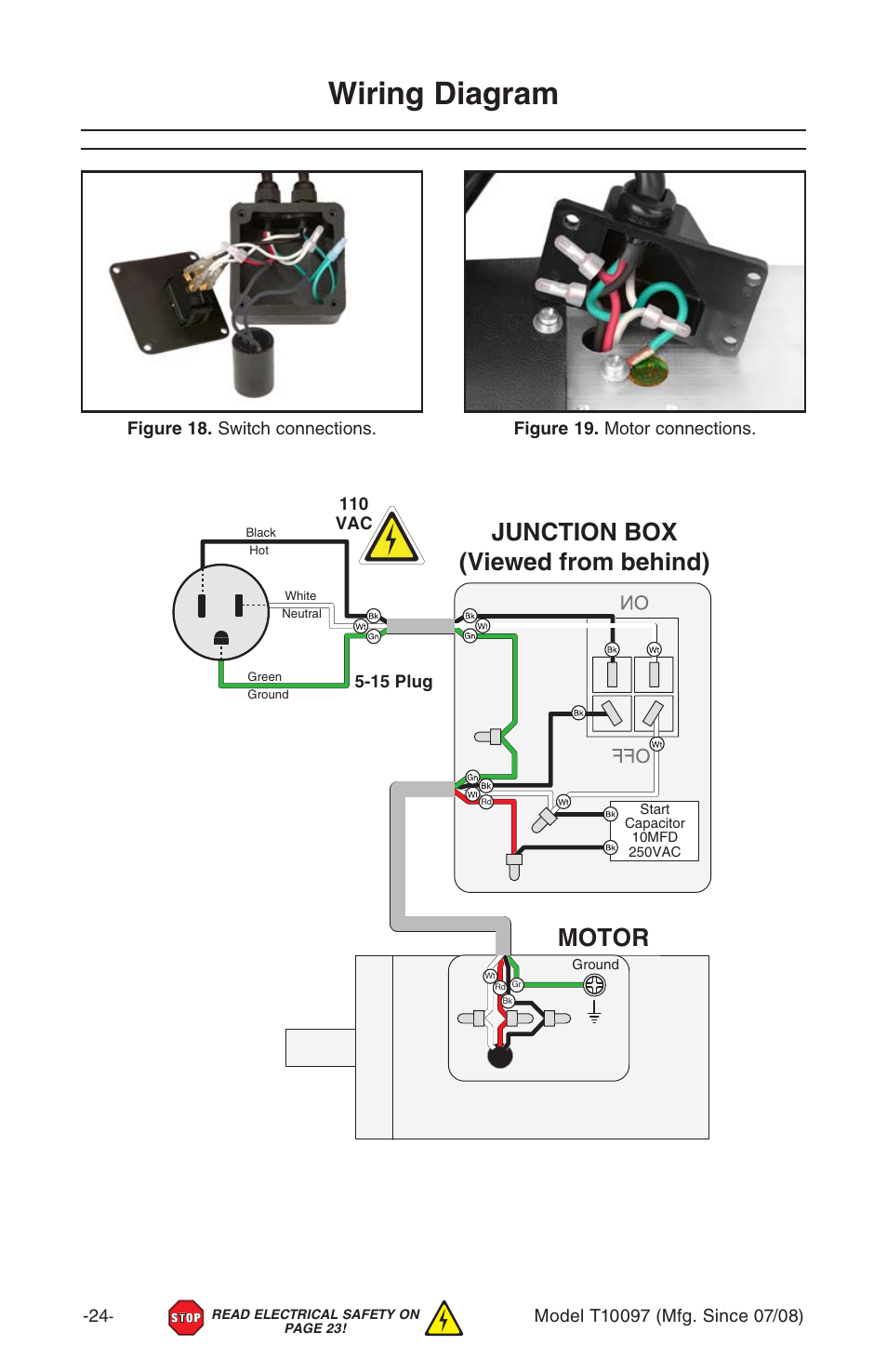 Wiring diagram, Motor, Junction box (viewed from behind) | Grizzly T10097 User Manual | Page 24 / 30