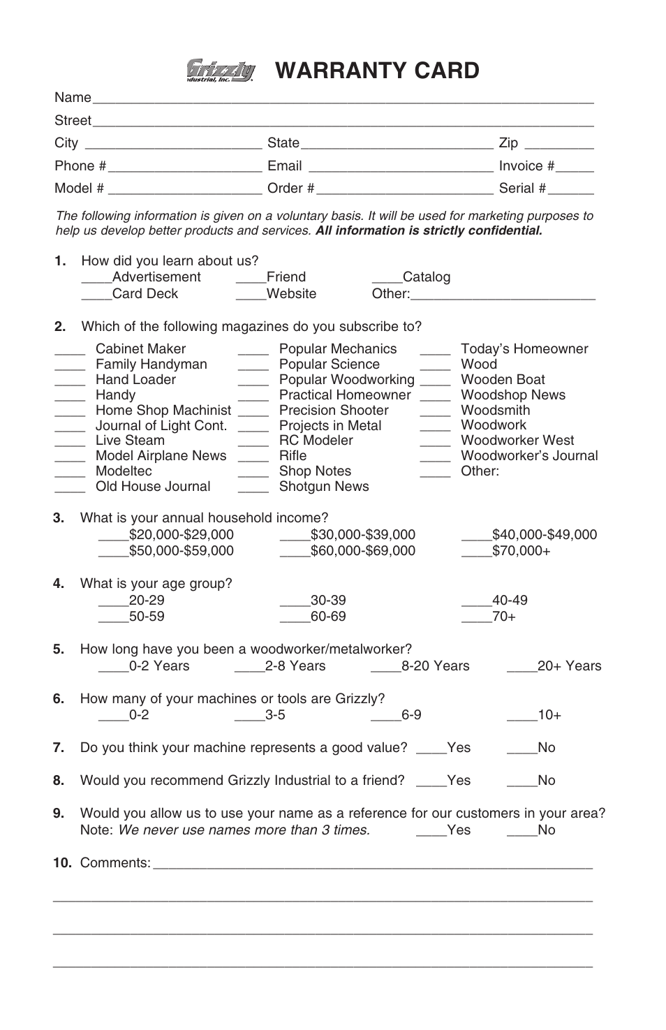Warranty card | Grizzly T10097 User Manual | Page 27 / 30