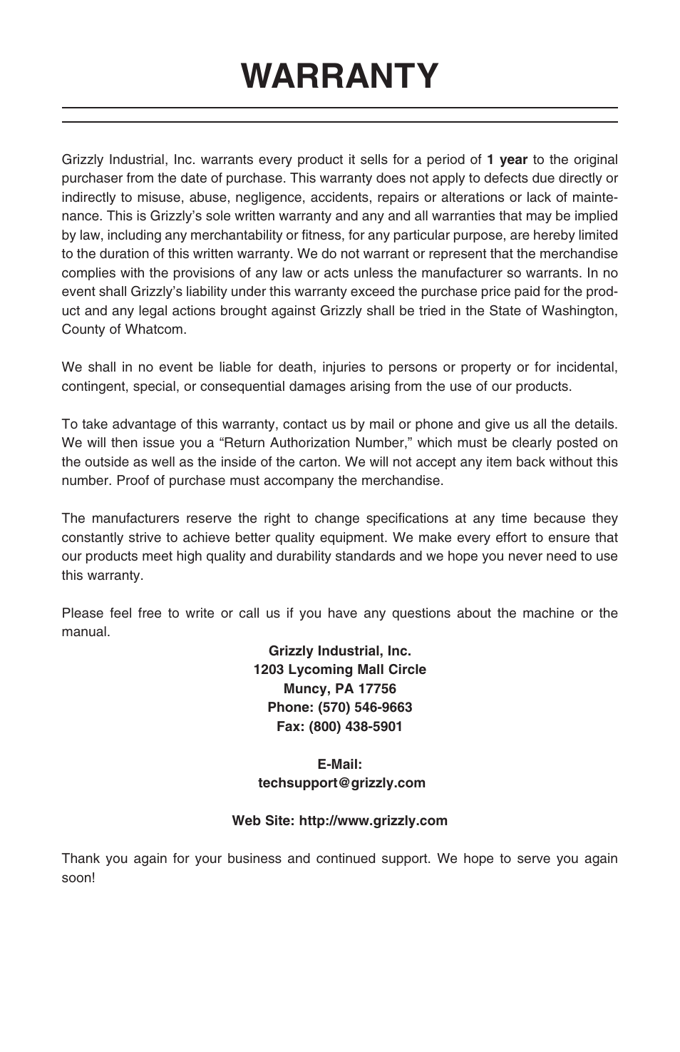 Warranty | Grizzly T10097 User Manual | Page 29 / 30