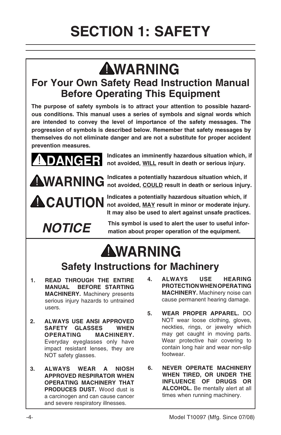 Notice, Safety instructions for machinery | Grizzly T10097 User Manual | Page 4 / 30