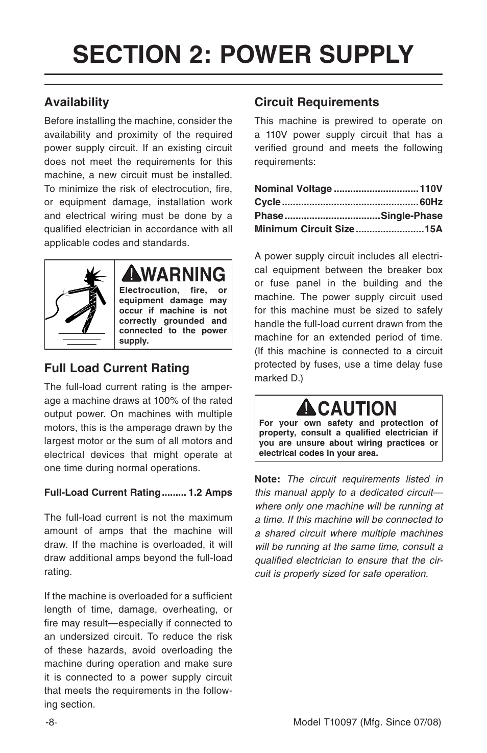 Availability, Circuit requirements, Full load current rating | Grizzly T10097 User Manual | Page 8 / 30