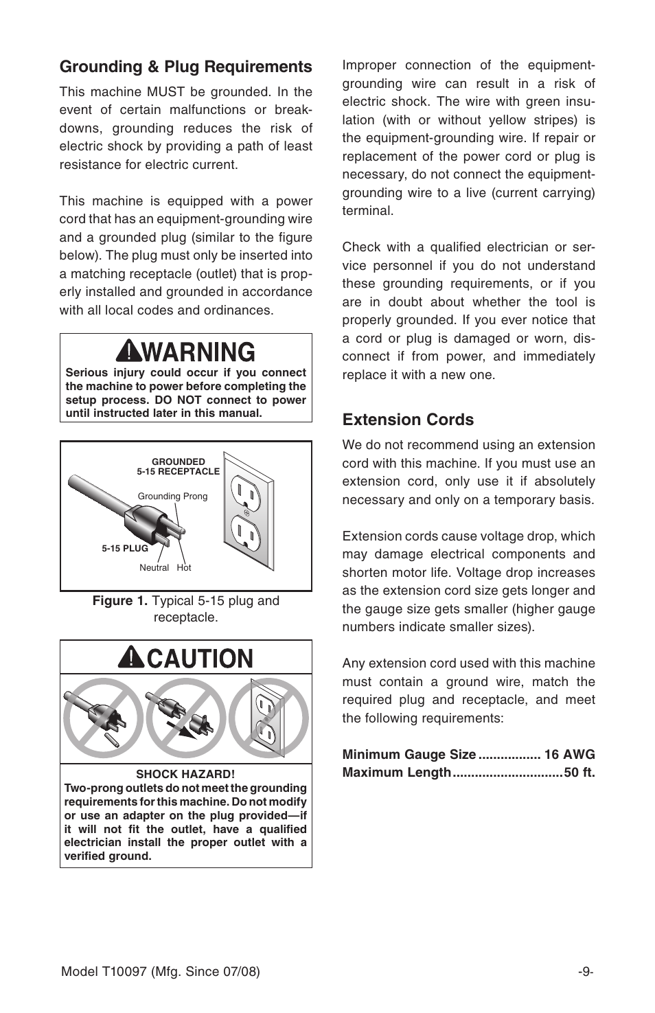 Grounding & plug requirements, Extension cords | Grizzly T10097 User Manual | Page 9 / 30