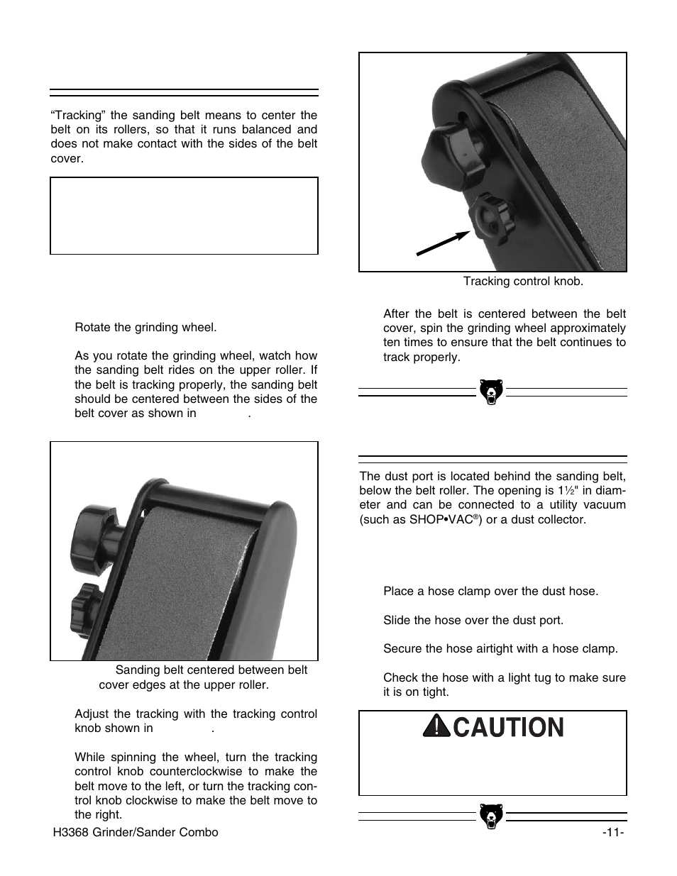 Notice, Belt tracking dust port | Grizzly H3368 User Manual | Page 13 / 32