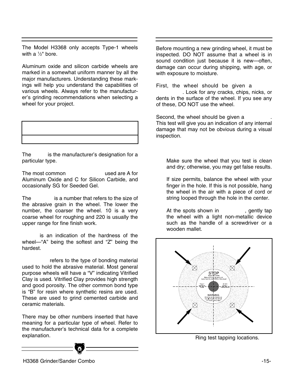 Wheel inspection, Wheel selection | Grizzly H3368 User Manual | Page 17 / 32