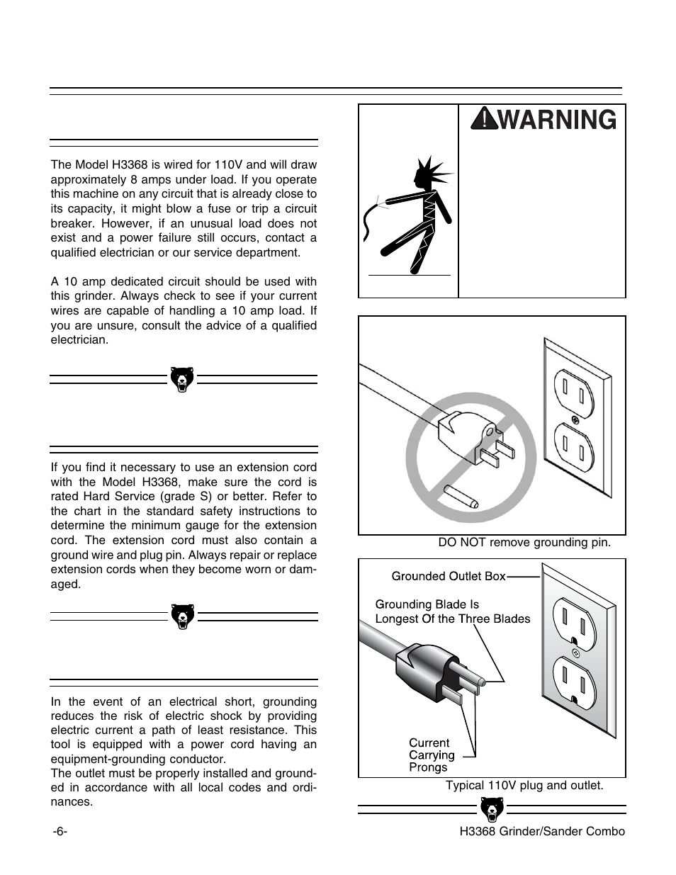 110v operation, Extension cords grounding | Grizzly H3368 User Manual | Page 8 / 32