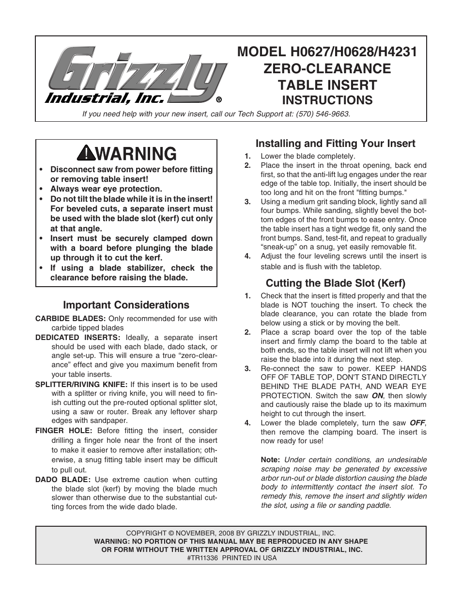 Grizzly Zero-clearance table insert H0627 User Manual | 1 page