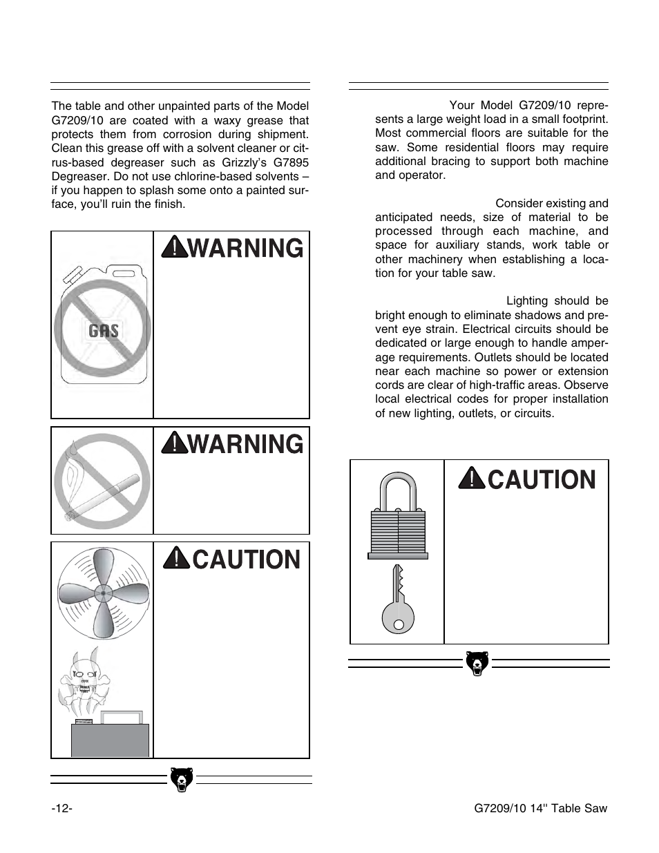 Clean up, Site considerations | Grizzly Professional Cabinet G7209 User Manual | Page 14 / 52