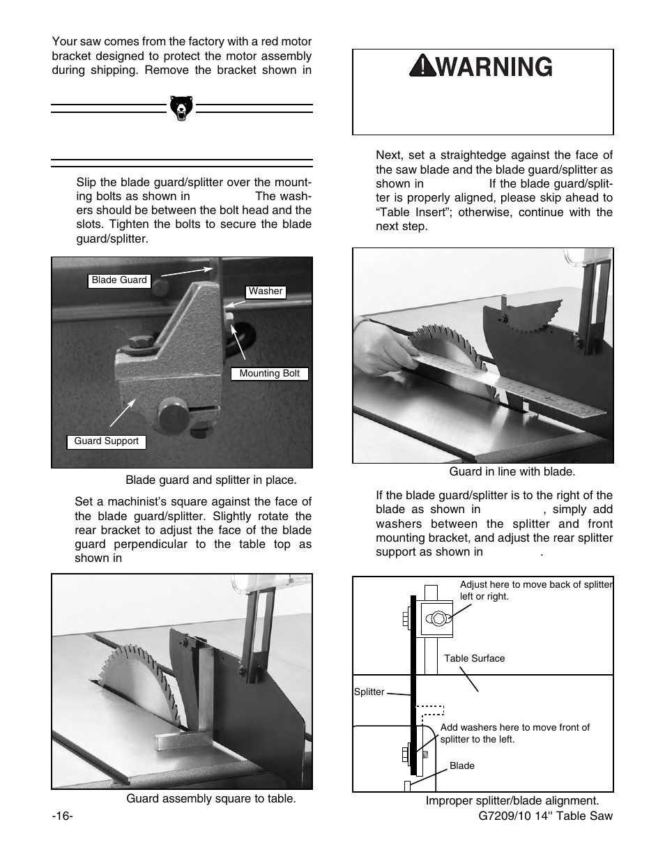 Blade guard/splitter | Grizzly Professional Cabinet G7209 User Manual | Page 18 / 52
